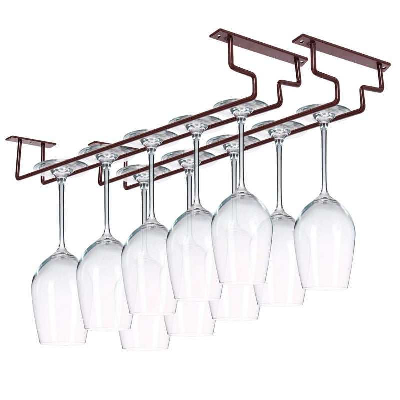 MOCOUM 2 Pack 15.6" Wine Glass Rack Under Cabinet Stemware Rack, Hanger Hold Up To 10 Wine Glasses for Cabinet Kitchen Bar (Brown, 2 pack) - Image 1